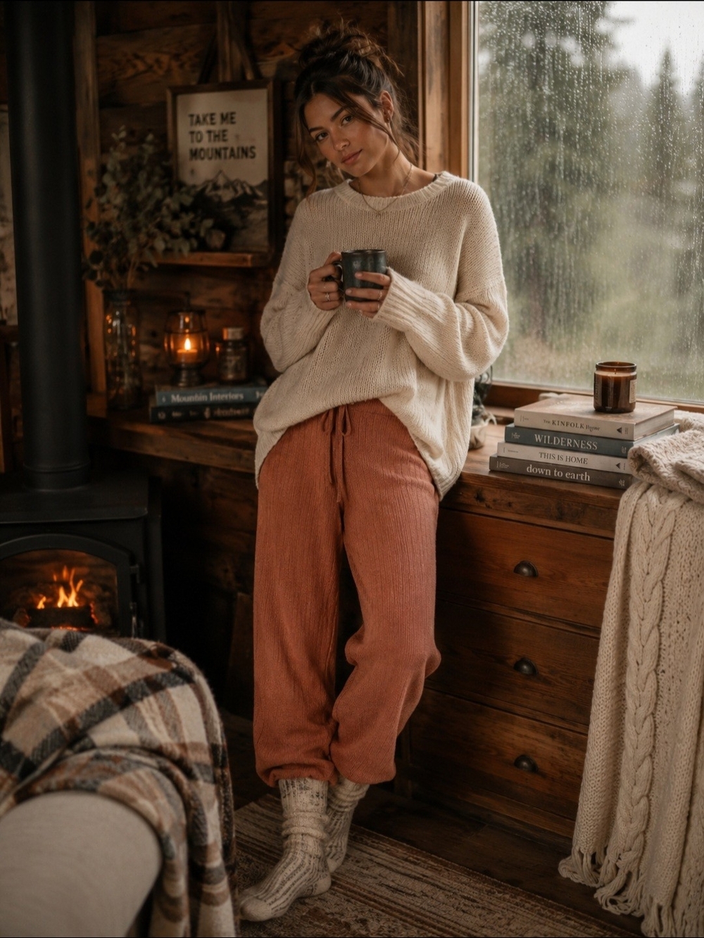 Cozy Rib Knit Lounge Pants - Rust Wide Leg Drawstring Soft Minimalist Loungewear - Picture 2 of 5
